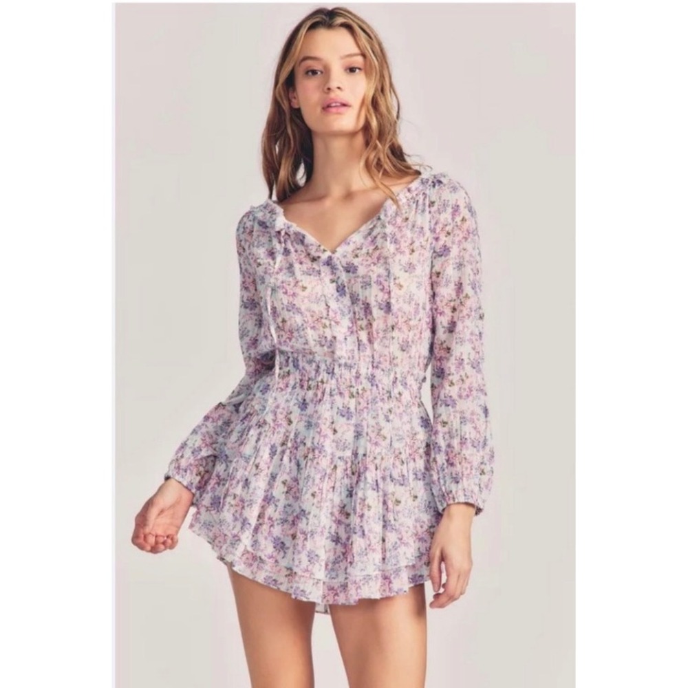 Love Shack Fancy Banou Dress Size M Floral Lurex Metallic Ruffle Mini Raw Edges